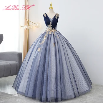 AnXin SH винтажное принцеса рокля в тъмно синьо, дантелено блестяща рокля с v-образно деколте 