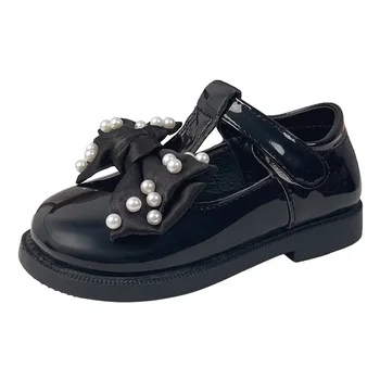 CUZULLAA/ Елегантни Ежедневни Детски обувки с Т-образно каишка и възел-пеперуда За момичета; Дишаща Кожена обувки на плоска подметка с перли; Размери 21-30