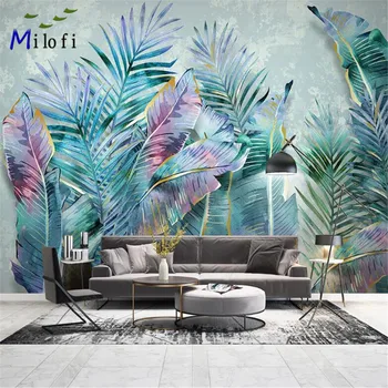 Milofi потребителски 3D тапети, стенни рисувани тапети ръчно рисувани Скандинавските листа от тропически растения модерен минималистичен телевизор, разтегателен фон на стената