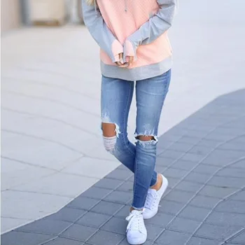 Street Women ' s Light Fast Jeans Casual Ladies Fashion Jeans Ripped Fringed Thin Denim Trousers Улични женски скъсани дънки