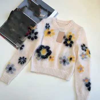 Suéter de manga larga para mujer, suéter de punto de color de impresión pastoral AA26 de flores a juego, novedad de Otoño 2021