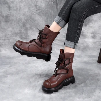 Yiluan/ женски Полусапожки на платформа в стил ретро; колекция 2021 г.; Сезон Есен-Зима; Нови дамски тънки обувки от естествена кожа с цип; Ежедневни обувки Martin