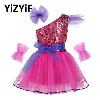 YiZYiF/Игри за момичета, Окото дрехи с пайети, Джаз модерни Дрехи за танци, Блестяща рокля с едно рамо, Шнола за коса, Гривна, Детски Дрехи