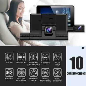 Автомобилен Видеорекордер Dash Cam Full HD 1080P 3 Камери Автомобилен Видеорекордер Предната + Вътрешен + Задна Камера Авто Тире Камера за Нощно Виждане G-сензор