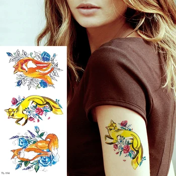 временни татуировки с образа на лисица и животни, за жени, детска татуиране, боди арт, водна татуировка, акварел, кон, ангел, водни кончета, татуировка, фалшива мода