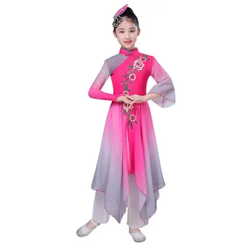 Класически танцови костюми за момичета нов стил, детска елегантни облекла за танци с фен, облекло Yangko в китайски стил