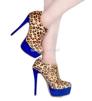 Модни Цветни Ботильоны на платформата с Леопардовым Принтом, женски Пикантни Къси Ботуши на висок ток, дамски Зимни обувки Голям Размер