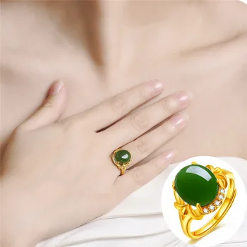Национален стил бъде позлатен пръстен от Хотанской Яспис, инкрустированное злато нефритовое пръстен със зелен халцедоном, регулируема иновативно пръстен