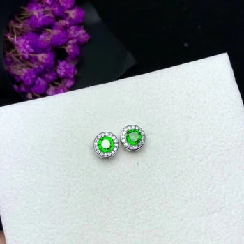 обеци-карамфил от естествен зелен диопсида, Обеци с естествени скъпоценни камъни, Елегантни малки кръгли обеци S925 silver girl, дамски официални подарък бижута