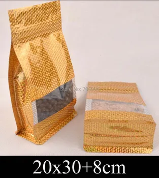 20*30 + 8 см Стоящ златен найлонова торбичка с цип, златни найлонова торбичка с плоско дъно на джоб, прозорец пластмасови опаковъчни пакет, 80 бр./лот