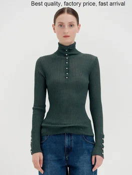 Висококачествен луксозен брендовый Дамски Пуловер Зима 2023 Корейската Мода Slim Fit Авокадо Зелена Поло Дамски Долна Риза L