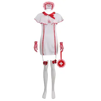 Забавни секси медицинска сестра cosplay костюм униформи ролеви игри, рокля, ръкавици, облекло чанта чорапи за жени костюм и елегантна рокля